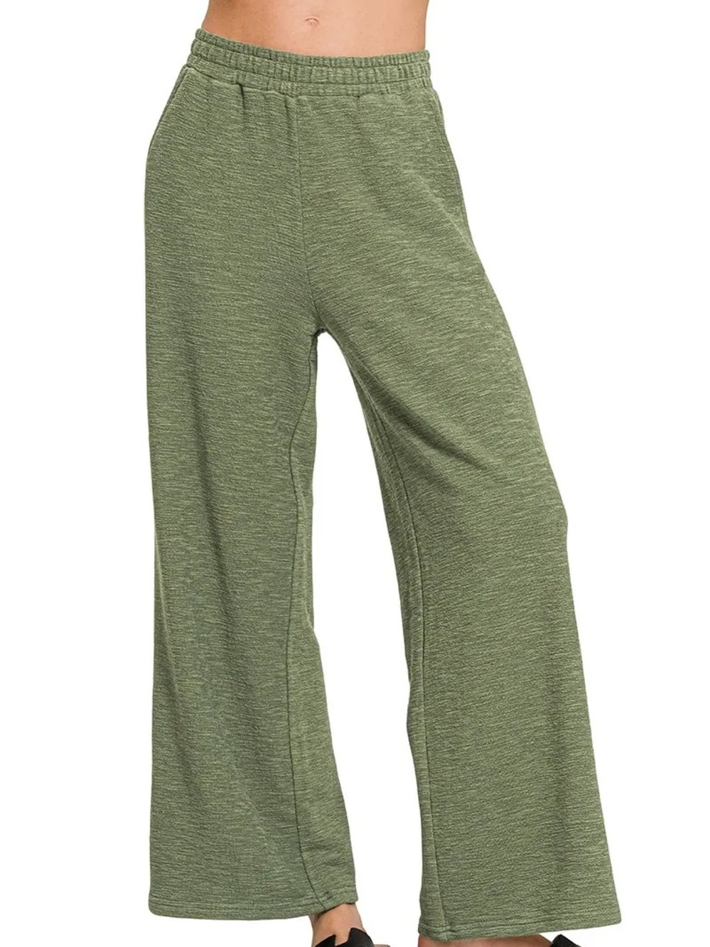 Zenana Light Olive Cotton Slub Wide Leg Pants Boho Comfy Flowy Casual Large NEW